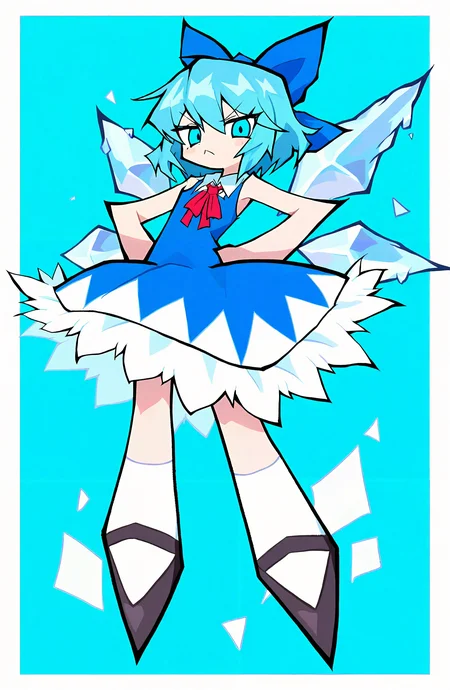 cirno, 1girl, solo, looking_at_viewer, short_hair, blue_eyes, dress, bow, ribbon, hair_between_eyes, closed_mouth, blue_hair, full_body, hair_bow, wings, shoes, sleeveless, socks, black_footwear, v-shaped_eyebrows, sleeveless_dress, blue_dress, blue_bow, white_socks, hands_on_own_hips, ice, ice_wings