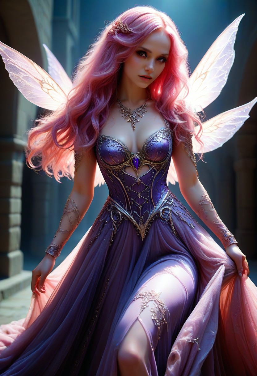 An epic photo of a magical CivChan, pink hair, purple eyes, wearing a long fantasy dress, DonM3lv3sXL, masterpiece, best quality, highly detailed, sharp focus, dynamic lighting, flux-style