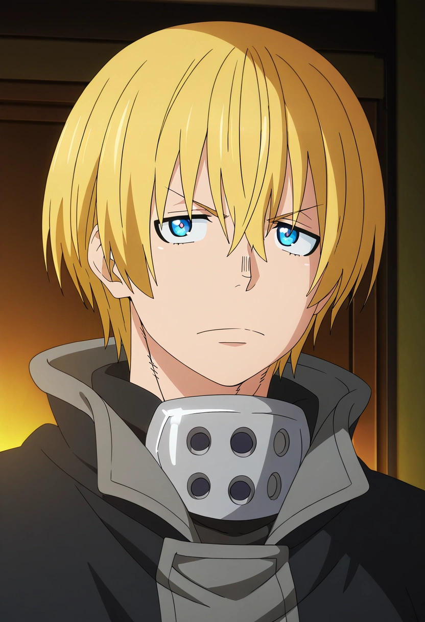 masterpiece, best quality, , anime screencap, anime coloring, official style,, 1boy, solo, male focus, <lora:arthur_boyle_ilxl:0.94>, arthur_boyle, blonde hair, blue eyes, short hair, hair between eyes, , , ,