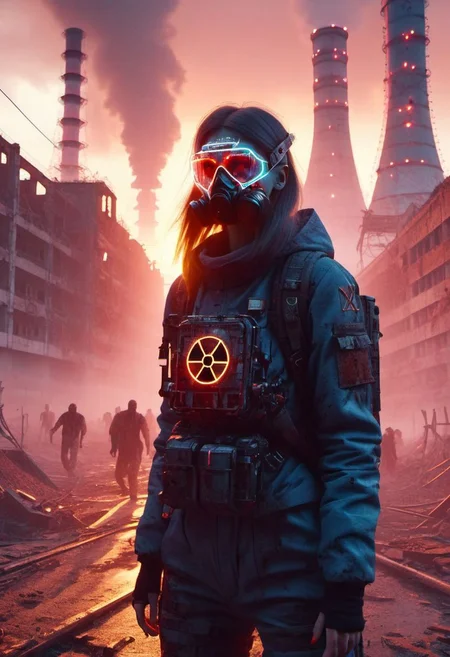 4D render, Chernobyl disaster, nuclear , Apocalypse,girl, detailed face, portrait, glowing x, minimalist outfit, anti social , zombies, ,cyberpunkartstyle,ruined ancient city,Professional styling, intricate details,8k post production, faithful, Religious denomination,