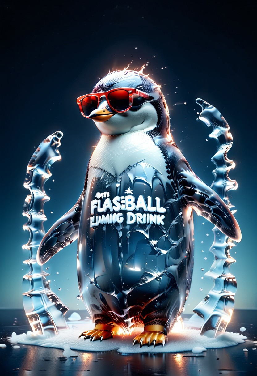 ((((("COOL" text logo made of ice)))) <lora:dvr-ftl:0.8>,
1c3_w1n73r, magicNpolished, shiny, polished, reflection, glowing, light
Penguin (((wearing sunglasses, red scarf, baseball cap))), standing on drifting iceberg in arctic, blue sky, (((drinking flaming drink from glass)))