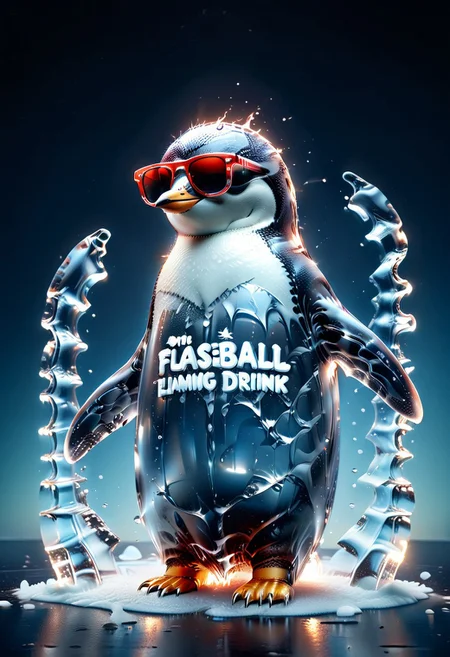 ((((("COOL" text logo made of ice)))) <lora:dvr-ftl:0.8>,
1c3_w1n73r, magicNpolished, shiny, polished, reflection, glowing, light
Penguin (((wearing sunglasses, red scarf, baseball cap))), standing on drifting iceberg in arctic, blue sky, (((drinking flaming drink from glass)))