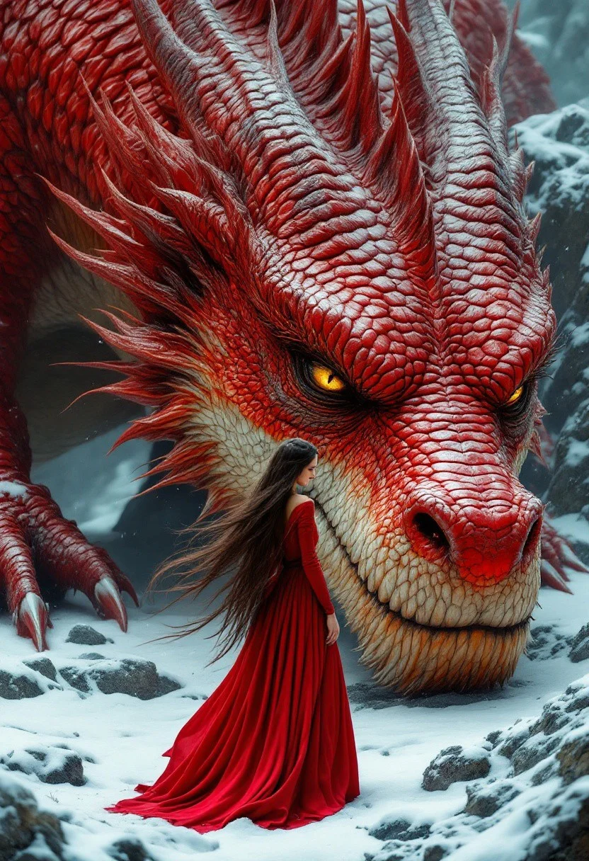 The image is a highly detailed, realistic CGI artwork depicting a dramatic scene featuring a woman and a dragon. The woman, with long, flowing, dark brown hair cascading down her back, stands on a rocky, snowy terrain. She is dressed in a long, flowing red gown, which contrasts vividly with the icy surroundings, suggesting a sense of warmth and life amidst the cold. The gown's texture appears smooth and luxurious, made of a fabric that drapes elegantly around her figure.
The dragon, a colossal creature with intricate, red scales that shimmer in the light, dominates the scene. Its scales are detailed with a rough, textured appearance, giving it a realistic, almost reptilian look. The dragon's eyes are a piercing yellow, and it appears to be looking down at the woman with a sense of curiosity or contemplation. The dragon's face is detailed with wrinkles and creases, adding to its aged, wise appearance.