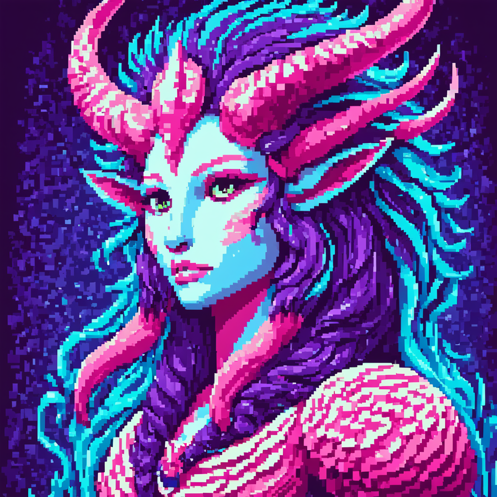 pixel-art pixelartlora . low-res, blocky, pixel art style, 8-bit graphics, pixelartlora,Mythical Creature Portrait, Fantastical, detailed textures, dramatic lighting, vibrant colors, magical