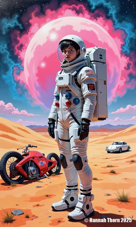 A hyperrealistic digital painting, T5-XXL CLIP style, of a young adult astronaut in a silver spacesuit, standing confidently in a vibrant desert landscape.  The astronaut, a gender-neutral figure with short, dark hair, faces the viewer directly.  A futuristic, red motorcycle sits abandoned nearby, partially obscured by swirling pink and blue nebulae in the background.  A small, white vintage car is parked in the far distance.  The overall aesthetic is a blend of retro-futurism and cosmic surrealism, with sharp details juxtaposed against painterly, abstract backgrounds. The scene is lit by a dramatic, starlit sky and the warm glow of the desert sun.  Include the signature "Hannah Thorn 2025" subtly in the bottom right corner. <lora:_Flux\_Painting\Erotic Comic F.safetensors:0.7000000000000001:0.7000000000000001>