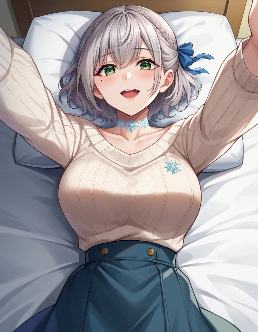 score_9, score_8_up, score_7_up, source_anime,
noelshirogane, <lora:noel-shirogane-ponyxl-lora-nochekaiser:1>,
shirogane noel, braid, french braid, green eyes, grey hair, hair ribbon, ribbon, short hair, snowflake choker, wavy hair, mole, mole on breast, mature female,
casual, collarbone, high-waist skirt, official alternate costume, official alternate hairstyle, sweater,
indoors, bed, bed room, on back, arm support, arms up, incoming hug, pov, reaching, reaching towards viewer,
looking at viewer, cowboy shot, dutch angle,