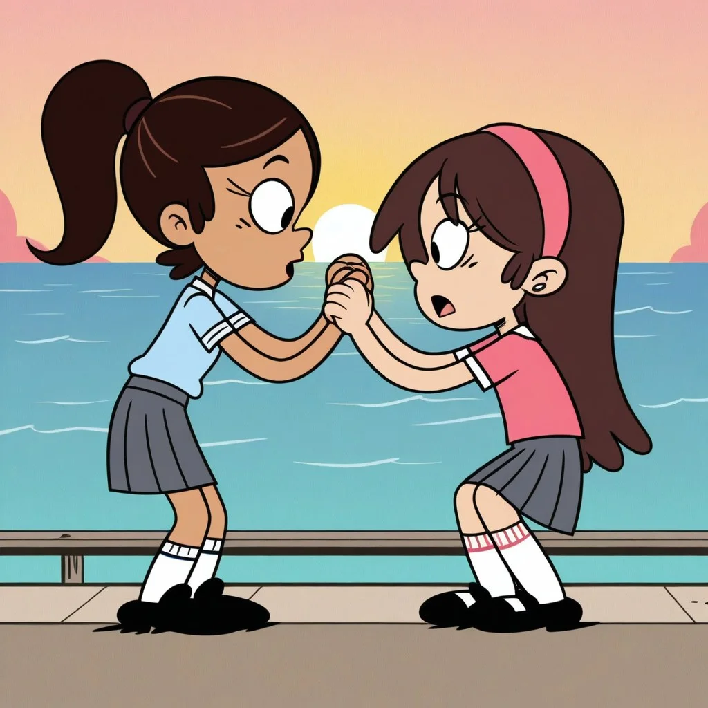 the loud house style, black eyes, flat color, 2girls, girlfriends
Ronnie Santiago, black hair, ponytail, tan skin, pink shirt, grey skirt, white socks, black shoes, school uniform, average height of equal character.
Sid Chang, brown hair, long hair, pink hairband, blue shirt, grey skirt, white socks, black shoes, school uniform, average height of equal character.
holding hands, open mouth
high resolution, masterpiece, best quality, absurdres, ultra detailed, very aesthetic, perfect details, private place, below,
outside, sun, ocean, neighborhood, crouched, different character, high quality image, average height of equal characters