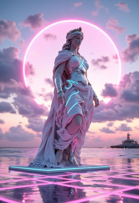 A towering statue of Athena in full vaporwave style, her armor made of chrome and glowing pastel colors. Behind her, a digital sun slowly rises in a gradient sky of pink and purple, casting long, reflective beams across a landscape of neon grids and shimmering water.