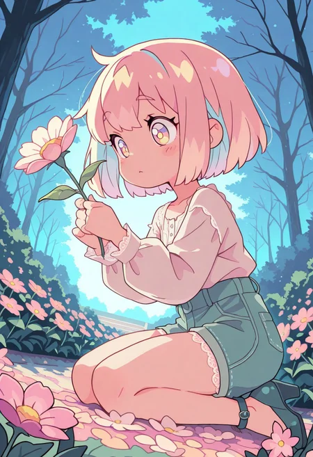 score_9, score_8_up, score_8, pastel colors, highly detailed, masterpiece, source_anime, cinematic light, (cute:1.2), (adorable:1.2), best quality, amazing quality, studio anime, official style, masterpiece, anime screencap, anime style, dynamic composition, dynamic angle, dramatic lighting, very awa, rich and vibrant colors, (1girl), solo, (Ecru Linen Button-Up Shirt With Lace Detail, Premium linen and lace, Plunge neckline, Partially sheer sleeves, Button up, Lace trim detailing, matching shorts with Draw string detail), (anklestrap stiletto heel), slightly kneeling down, picking a flower, holding flower, side view, BREAK courtyard garden, gravel path, flower beds, trees, early morning lights, morning mist,