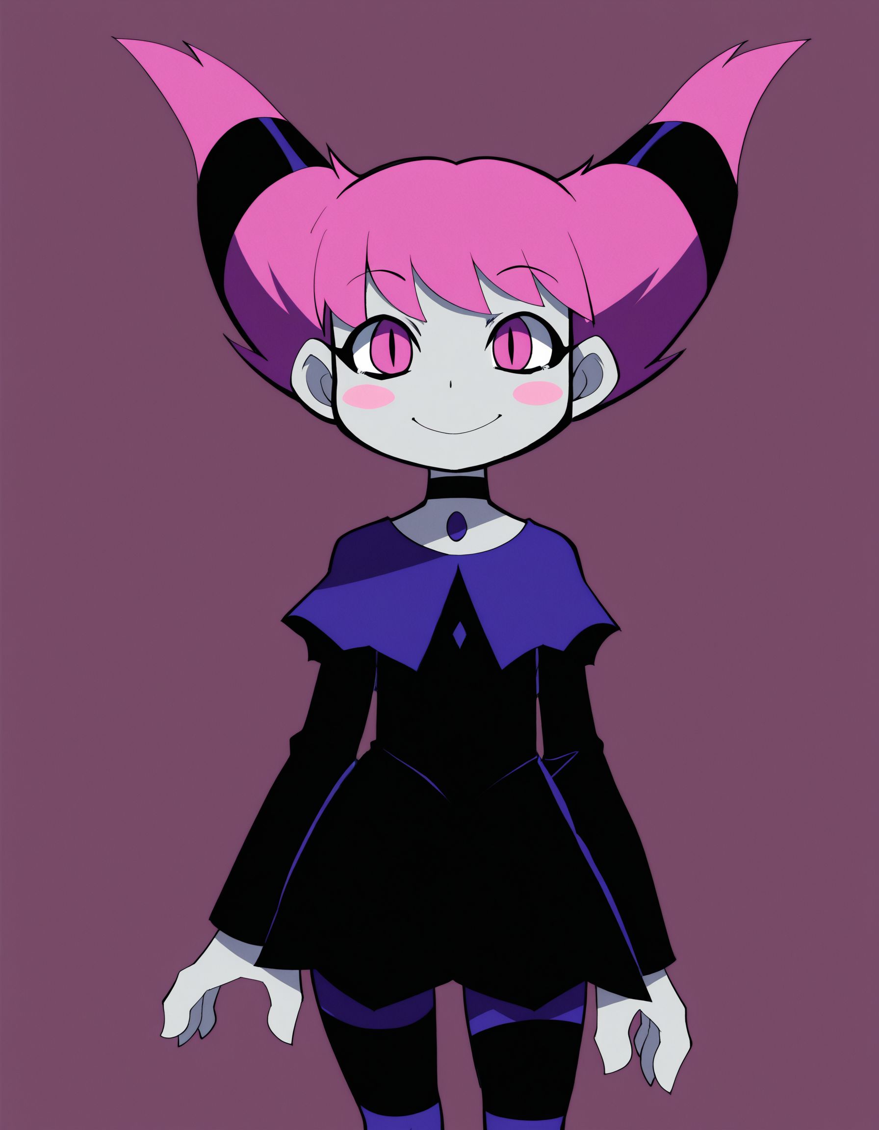 jinxtt, 1girl, pink hair, capelet, grey skin, hair ties, long sleeves, choker, solo,pink eyes, slit pupils,  , blush stickers, black dress, chest jewel, smile, striped pantyhose ,zankuro,   <lora:JinxIllustrious2.0JLFO:0.8> simple background, masterpiece, best quality, amazing quality, very aesthetic, absurdres,looking at viewer,