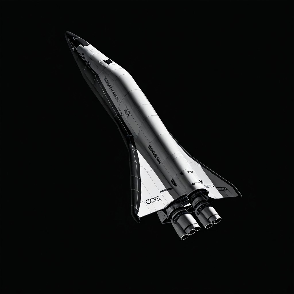 Spaceplane, modern, soviet, Spaceflight, a black and white photo of a space shuttle, general, simple background, monochrome, no humans, black background, science fiction, vehicle focus, spacecraft, concept art