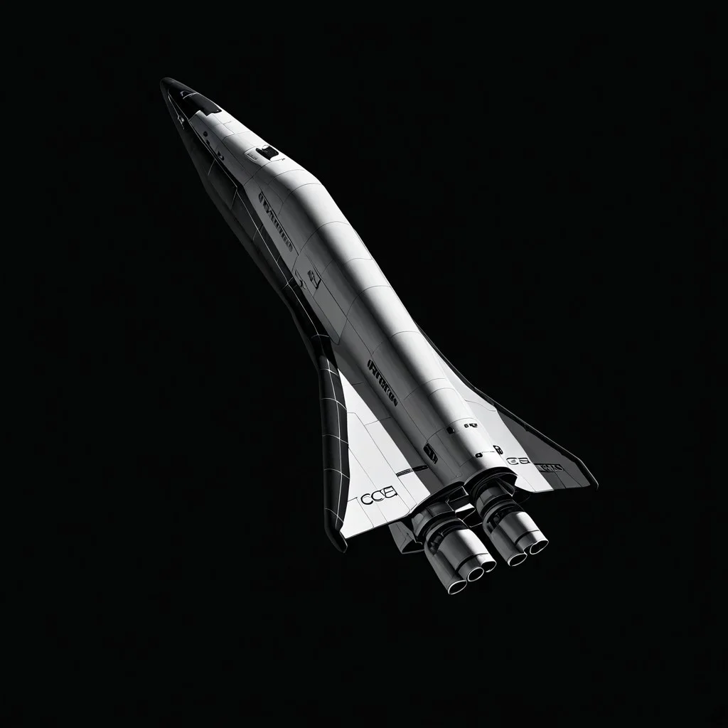 Spaceplane, modern, soviet, Spaceflight, a black and white photo of a space shuttle, general, simple background, monochrome, no humans, black background, science fiction, vehicle focus, spacecraft, concept art