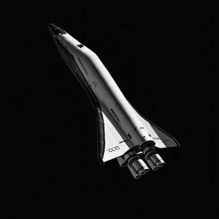 Spaceplane, modern, soviet, Spaceflight, a black and white photo of a space shuttle, general, simple background, monochrome, no humans, black background, science fiction, vehicle focus, spacecraft, concept art