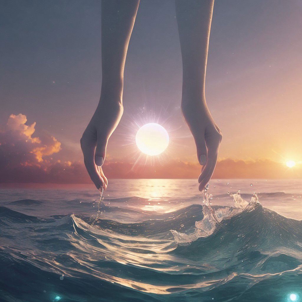 Create a vivid description for an image capturing two hands reaching from above, plucking the glowing sun from the sea. The sun's rays cause the surrounding water to bubble and foam, creating a mesmerizing scene of celestial interaction with the ocean.
a neon sunset landscape, photorealistic