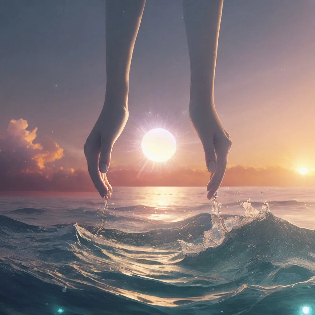 Create a vivid description for an image capturing two hands reaching from above, plucking the glowing sun from the sea. The sun's rays cause the surrounding water to bubble and foam, creating a mesmerizing scene of celestial interaction with the ocean.
a neon sunset landscape, photorealistic