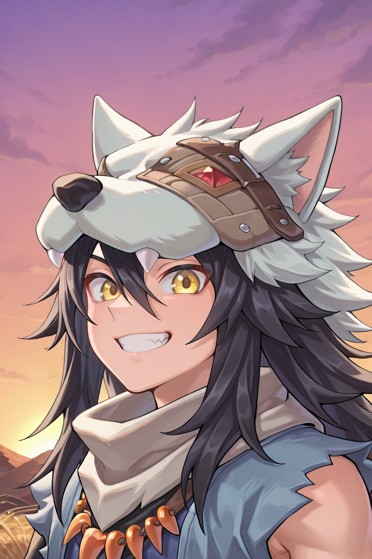 <lora:FlunkyIL:0.8> , fludef, 1boy, black hair, long hair, yellow eyes, wolf hat, wolf hood, wolf pelt, wolf tail, grey scarf, bandana around neck, necklace, tooth necklace, fur trim, blue vest, torn clothes, (grin), (face, close-up), portrait, looking at viewer, evening, (solo), masterpiece, very aesthetic, absurdres, best quality, amazing quality, high resolution, detailed background,  <lora:illustrious_quality_modifiers_masterpieces_v1:0.8> , <lora:ChamIllustriousBackgroundEnhancer:0.5>