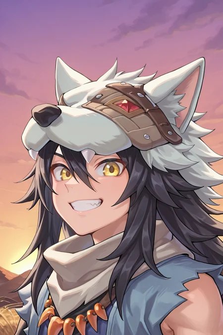 <lora:FlunkyIL:0.8> , fludef, 1boy, black hair, long hair, yellow eyes, wolf hat, wolf hood, wolf pelt, wolf tail, grey scarf, bandana around neck, necklace, tooth necklace, fur trim, blue vest, torn clothes, (grin), (face, close-up), portrait, looking at viewer, evening, (solo), masterpiece, very aesthetic, absurdres, best quality, amazing quality, high resolution, detailed background, <lora:illustrious_quality_modifiers_masterpieces_v1:0.8> , <lora:ChamIllustriousBackgroundEnhancer:0.5>