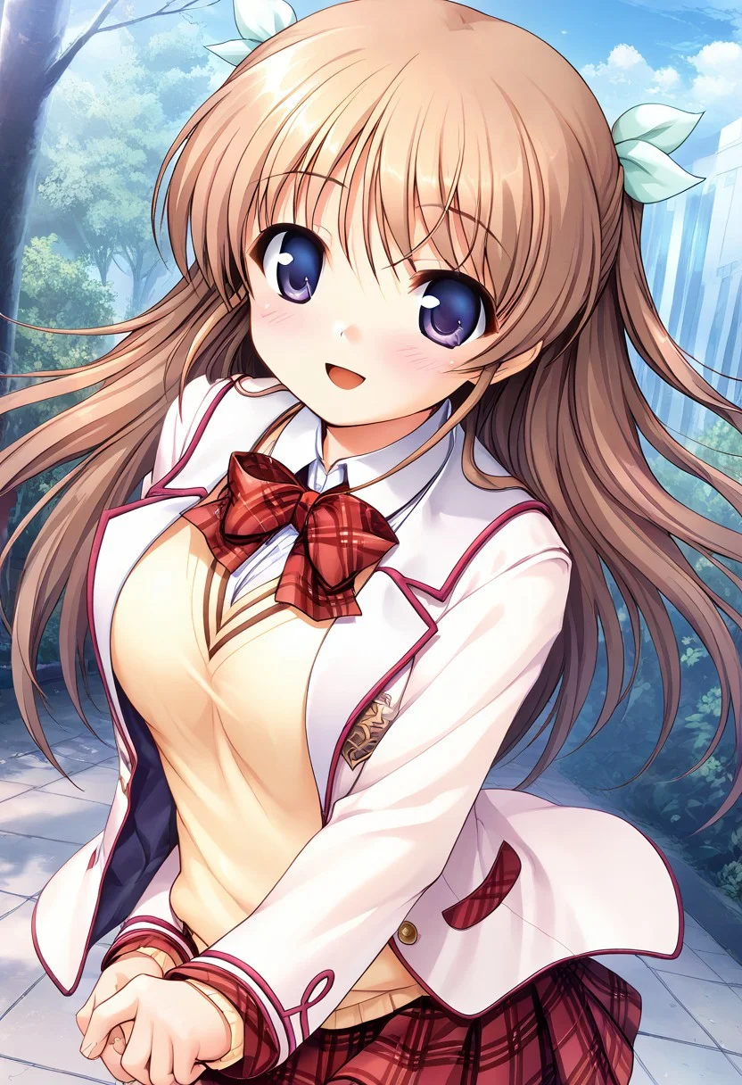 score_9,score_8_up,score_7_up,masterpiece,best quality,absurdres,source_anime,game cg,zPDXL3,1girl,solo,shirasaki tsugumi, 1girl, solo, purple eyes, blue eyes, brown hair, long hair, two side up, ribbon, hair ribbon, medium breasts tsugumi-schoolwinter, school uniform, jacket, pink jacket, sweater, sweater vest, plaid, skirt, plaid skirt, pleated skirt, bow,outdoors