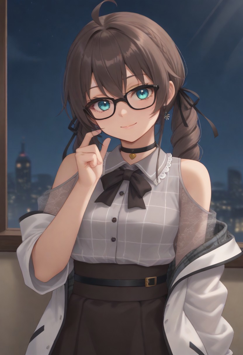 1girl, solo, solo focus, highres, absurdres, MatsuriMineGirl, brown hair, bangs, grey shirt, ahoge, twintails, black ribbon, black choker, hair between eyes, hair ribbon, brown skirt, shoulder cutout, collared shirt, flower earrings, black bowtie, blue eyes, white jacket, see-through sleeves, lace sleeves, plaid shirt, high-waist skirt, puffy short sleeves, medium hair, open jacket, small breasts, long sleeves, drill hair, black-framed eyewear, braid,
looking at viewer, evil smile, closed mouth, head tilt, hand up,
indoor, cityscape, neon lights, window, dark, night, night sky, 
light particles, backlighting, shade, light rays, lens flare, shiny skin, fine fabric emphasis,