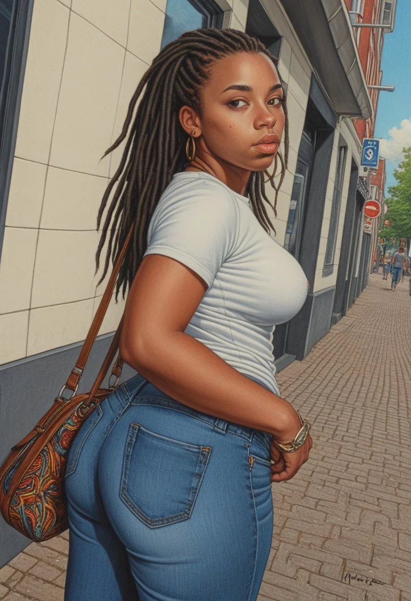 1girl, masterpiece, best quality, black girl, dreadlocks, brown eyes, dark skin, medium-large breasts, 20 yo, fat ass,
tight jeans, graphic t-shirt, purse,
sidewalk, wide shot, front angle, front shot, dutch angle,
ArsMJStyle, Colored pencil hyperdetailed realism