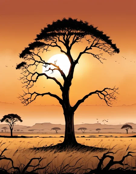 breathtaking graphic novel illustration On a plateau overlooking a vast savannah, a lone tree stands, its branches stretching wide. Beneath its shade, wildlife gathers, and the setting sun paints the scene with golden hues. <lora:Graphic_Novel_Illustration-000007:1>
