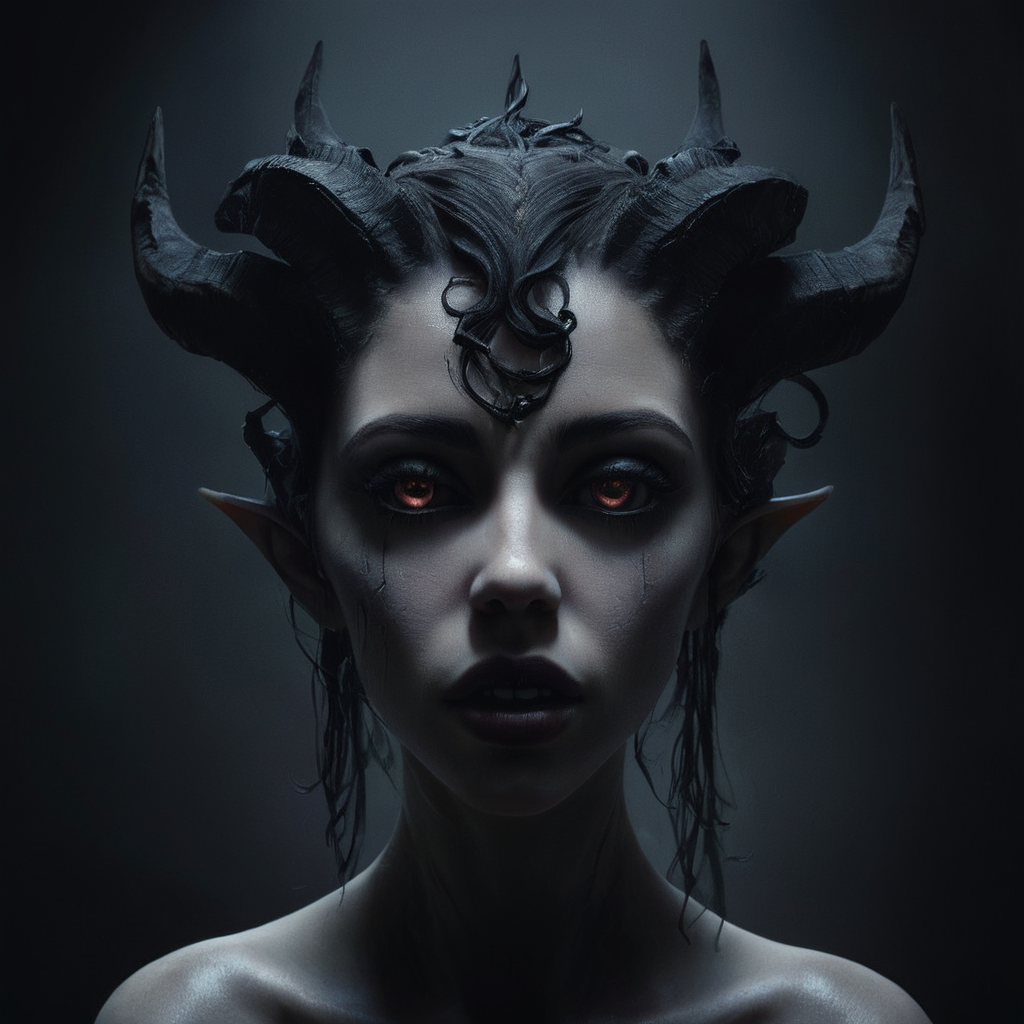 Horror-themed,  <lora:Demon Girl:0.8>
Demon Girl a woman with a weird head piece and a weird hair style, Eerie, unsettling, dark, spooky, suspenseful, grim, highly detailed