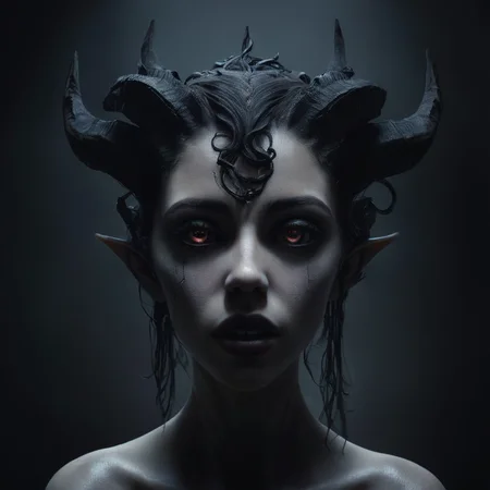Horror-themed, <lora:Demon Girl:0.8>
Demon Girl a woman with a weird head piece and a weird hair style, Eerie, unsettling, dark, spooky, suspenseful, grim, highly detailed