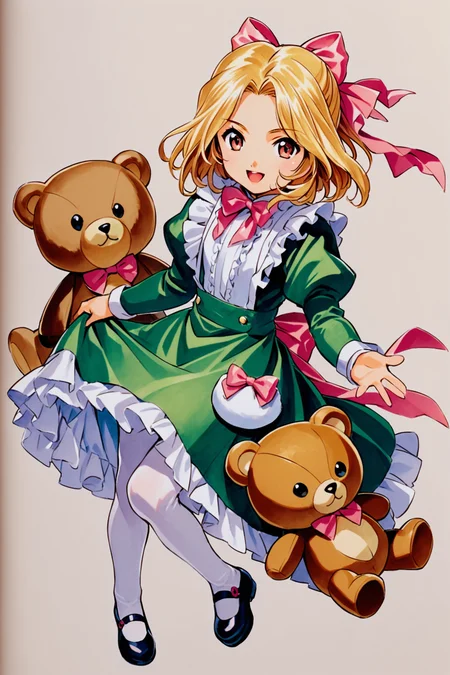 Iris Chateaubriand,1girl,female child,solo,blonde hair,bow,pantyhose,stuffed toy,stuffed animal,white background,white pantyhose,teddy bear,dress,hair bow,full body,mary janes,simple background,shoes,medium hair,pink bow,holding,apron,frills,open mouth,smile,long sleeves,looking at viewer,ribbon,juliet sleeves,green dress,wavy hair,mid cut,parted bangs,bangs,traditional media,<lora:Sakura Wars_XL:0.8>,