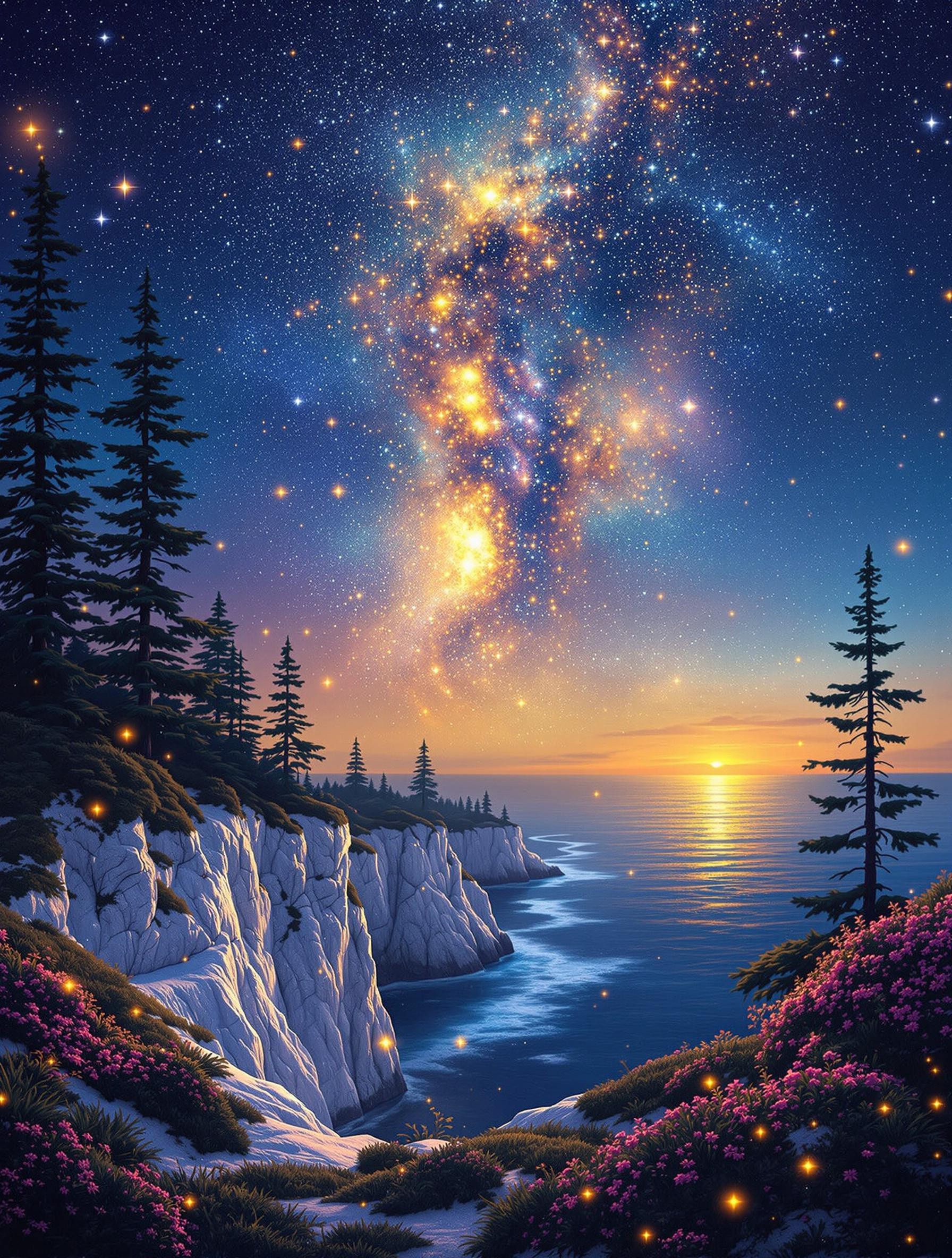 night, stars, milky way, pine trees, backlighting, of white cliff, near ocean cove, beautiful, realistic, beautiful fantasy painting, romantic, hyper-detailed, intricate details, professional photoshoot, vivid colors