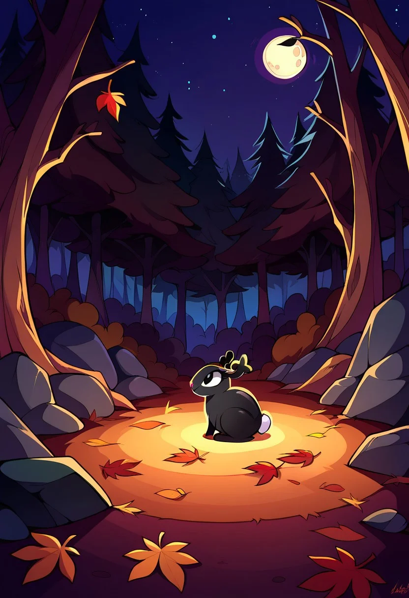 BREAK score_9, score_8_up, score_7_up, source_furry, 1girl, solo, Penny_Rabbit, feral, rabbit, two-tone skin, gray-black, shiny skin, black eyes, two horns, smile, forest, interior, night, moon, trees, leaves, rocks,