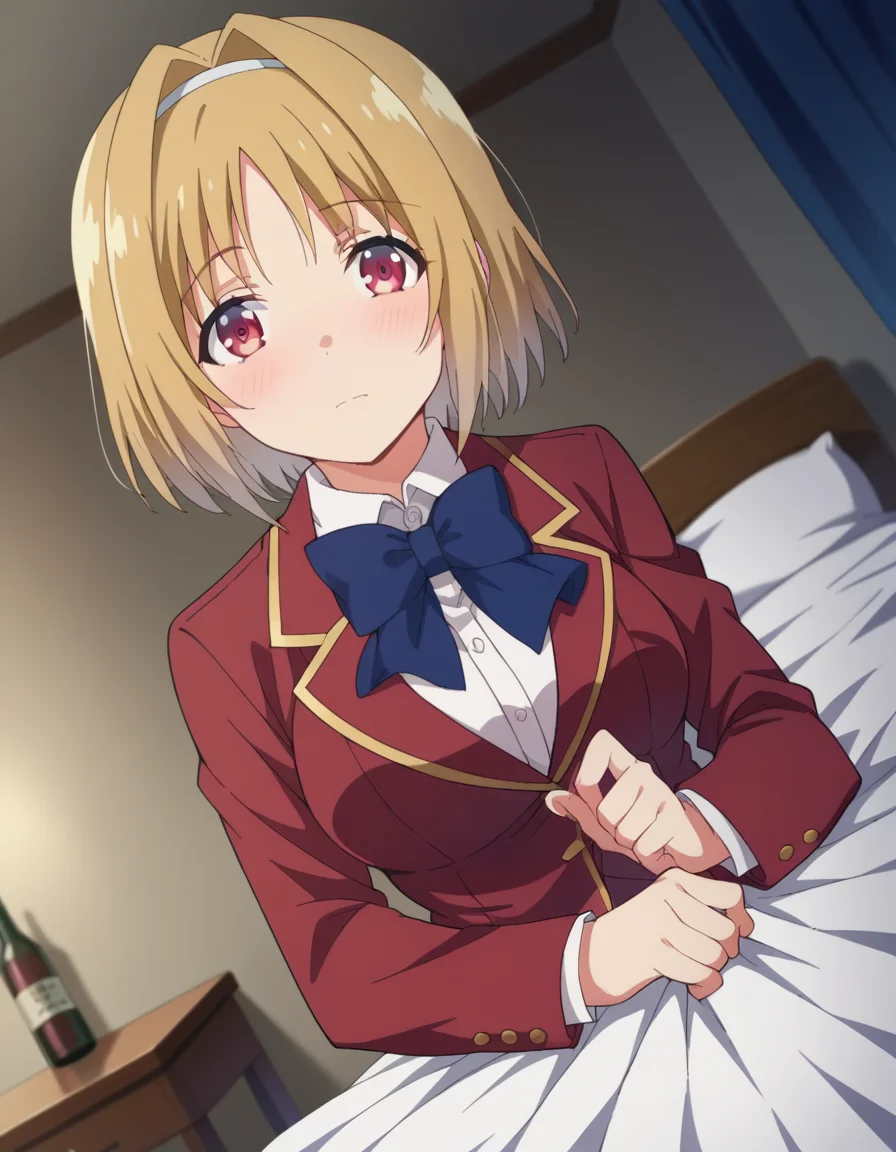 score_9, score_8_up, score_7_up, source_anime,
kikyoukushida, <lora:kikyou-kushida-s2-ponyxl-lora-nochekaiser:1>,
kikyou kushida, short hair, blonde hair, red eyes, hairband, hair intakes,
shirt, long sleeves, bow, school uniform, jacket, white shirt, bowtie, blue bow, blazer, red blazer,
indoors, bed, bed room, on side, blush, drunk,
looking at viewer, dutch angle, cowboy shot,
