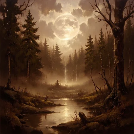 Dark-Fantasy-Cardd-V.2.0 style dark fantasy oil painting with detailed eyes that features The forest scene transforms into a hauntingly serene landscape, rendered in sepia tones and infused with a mystical, nocturnal atmosphere. The towering evergreen trees now appear as dark silhouettes against a glowing sky, with the clouds replaced by a large, full moon that bathes the entire forest in a soft, ethereal light. The mist that once covered the forest floor is now enhanced, swirling with a ghostly quality, reflecting the moonlight in shimmering pools. Shadows stretch long across the ground, adding depth and a sense of quiet isolation. The patches of sunlight are replaced by faint glimmers of starlight, which gently twinkle above, creating a peaceful yet eerie mood. The entire forest feels timeless and ancient, as if wrapped in a quiet, dreamlike stillness, where each tree and blade of grass is touched by the soft glow of the night, evoking an otherworldly calm.