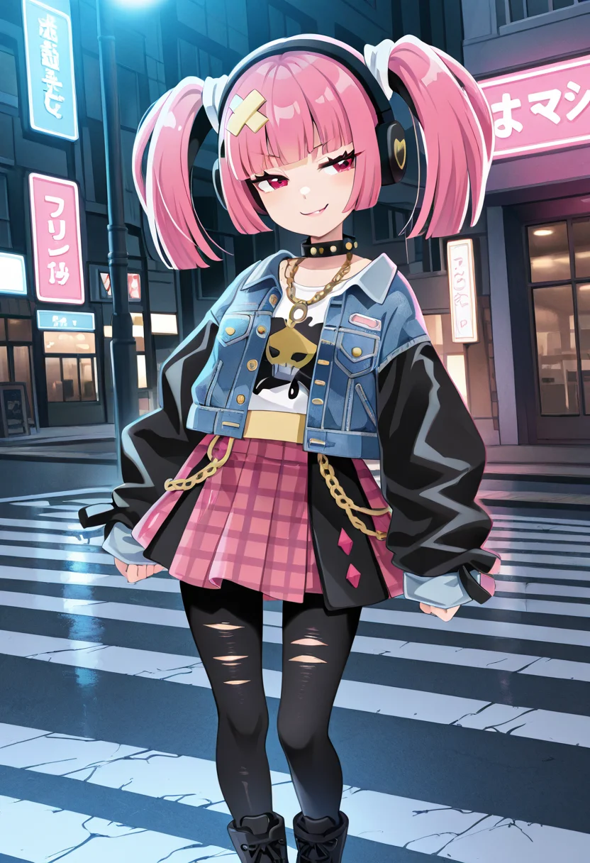 masterpiece, best quality, 1girl, solo, eyelashes, (beautiful eyes), smile, smug, <lora:SangoPokemon_NAI:0.8>, zzSango, pink hair, twintails, blunt bangs, hair ornament, C0utur3Cr4z3, 1girl, solo, layered shirt, flannel, denim jacket, distressed skirt, torn tights, combat boots, chain necklace, band logo shirt, grunge style, crosswalk scene, moody lighting â Sango stomps through a glowing crosswalk at midnight, a neon billboard bathing her in pink and green. Her layered outfit is frayed in all the right placesâripped sleeves, spiked collar, a chain swinging at her side. Her eyes are fierce, lost in the music blaring from her headphones. Every step screams 'donât look back.' <lora:CoutureCraze_IXL:1.0>,