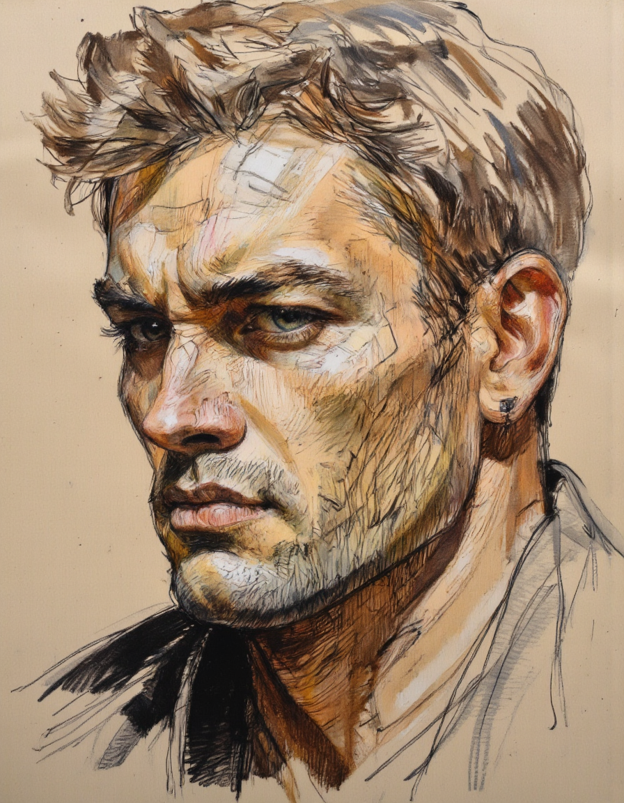 This is a detailed, close-up digital drawing of a man's face, rendered in a semi-realistic, high-contrast style on Kraft paper.
The subject has a rugged, masculine appearance with a strong jawline, prominent cheekbones, and a slightly furrowed brow. His skin is tanned with visible stubble and a few lines and scars, indicating a life of outdoor activity or physical labor. His eyes are a piercing blue, with a hint of a steely gaze that adds to his intense expression. The lighting is harsh, casting deep shadows under his eyes and along the contours of his face, emphasizing the rugged texture of his skin. His hair is short, light brown, and slightly messy, with a few strands falling across his forehead. The background is a simple, light beige, ensuring that the focus remains entirely on the subject's face. The artist's use of shading and texture work gives the drawing a three-dimensional feel, highlighting the depth and detail of the subject's features. The overall mood of the image is intense and slightly foreboding, suggesting a character who might be the protagonist in a dramatic, action-packed story. <lora:Sketch:0.95>