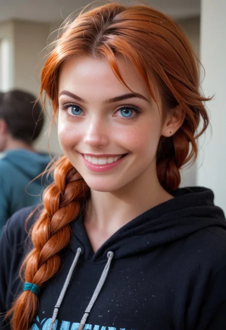 score_9,score_8_up,score_7_up,score_6_up, 1girl, Anna frozen, ginger, twin braids, portrait, photo realistic, smile, perky, straight back, candid, talking to someone out of frame, detailed, tight hoodie, jeans, multi-colored hair, small mouth
