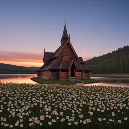 Norwegian stave church, stave church, evening, sunset, flowers, very long hair, Norwegian nature , norwegian landscape, lake, forest, flowers, beautiful sky