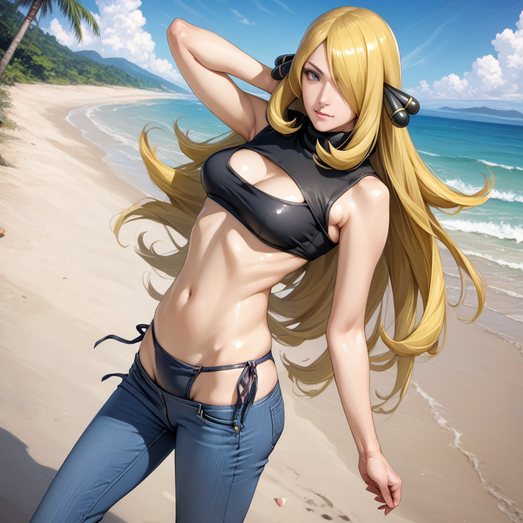 artist style:Urushihara Satoshi, source_hentai, source_anime, masterpiece, score_9, score_8_up, score_7_up, source_anime, shiny oild skin,  real, realistic, Cynthia, blonde, face, eyes, Cynthia\(Pokemon\) 1girl, meme_attire, (bikini_jeans:1.0), pants, panties, side-tie panties, highleg_bikini, clothing cutout, denim, lowleg_pants, denim_bikini, bikini_jeans, clothing_cutout, beach, blue sky,