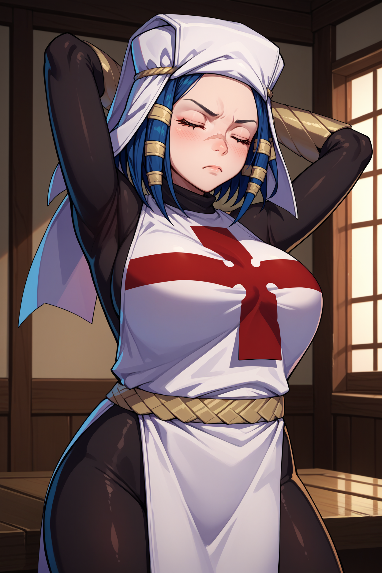 score_9, score_8_up, score_7_up, score_6_up, source_anime, 1girl, solo, <lora:ffarrow-pdxl-nvwls-v1-000005:1> arr0w, hair tubes, symbol-shaped pupils, white headwear, red and white tabard, black bodysuit, bodysuit under clothes, black pantyhose, fingerless gloves, vambraces, large breasts, closed eyes, frown, blush, arms behind head, indoors