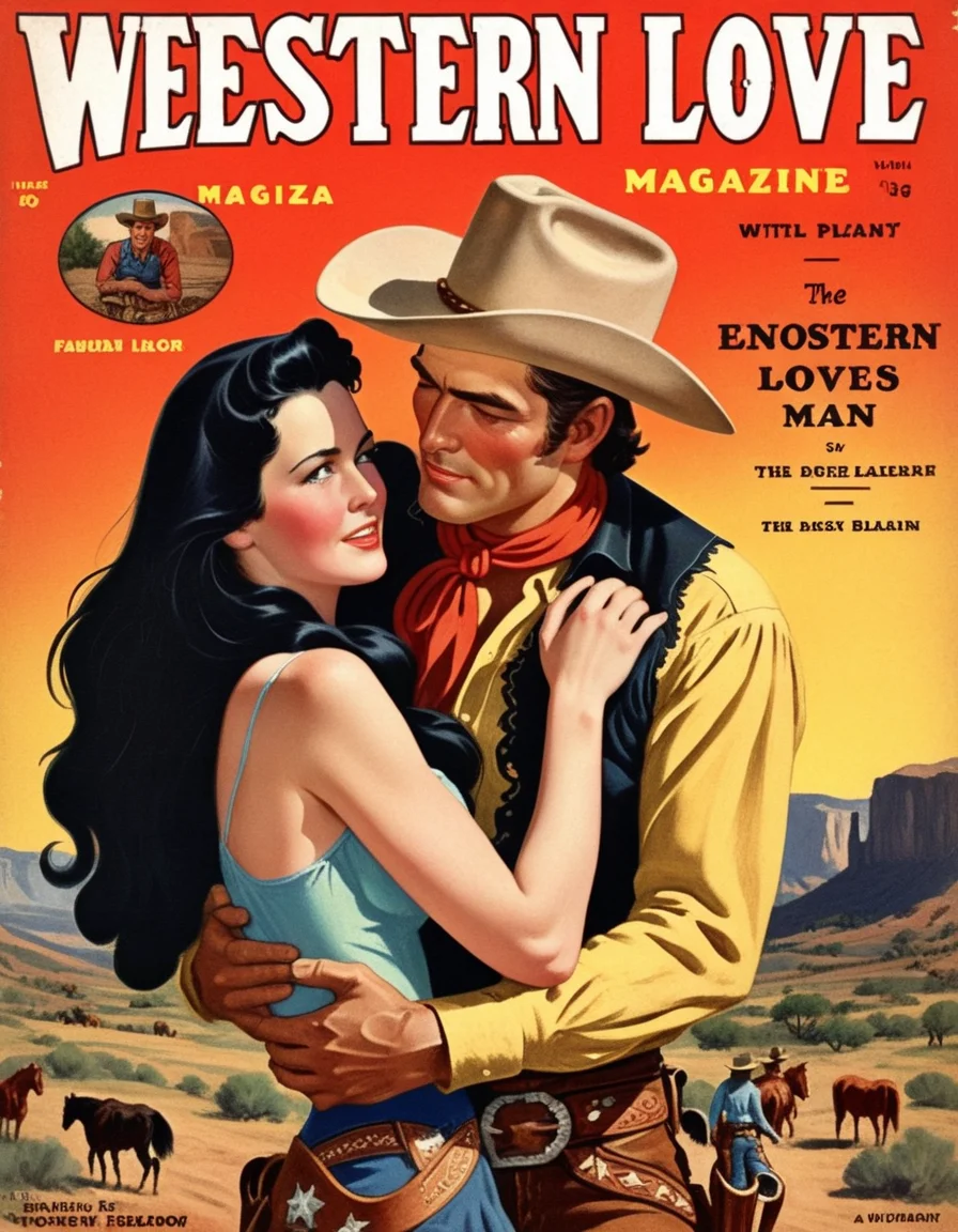 hud_plp_mag, (english text title, "WESTERN LOVE"), woman with long black hair embracing a cowboy man, love, retro artstyle, magazine cover, parody, <lora:pulp_mag_xl:0.6>,