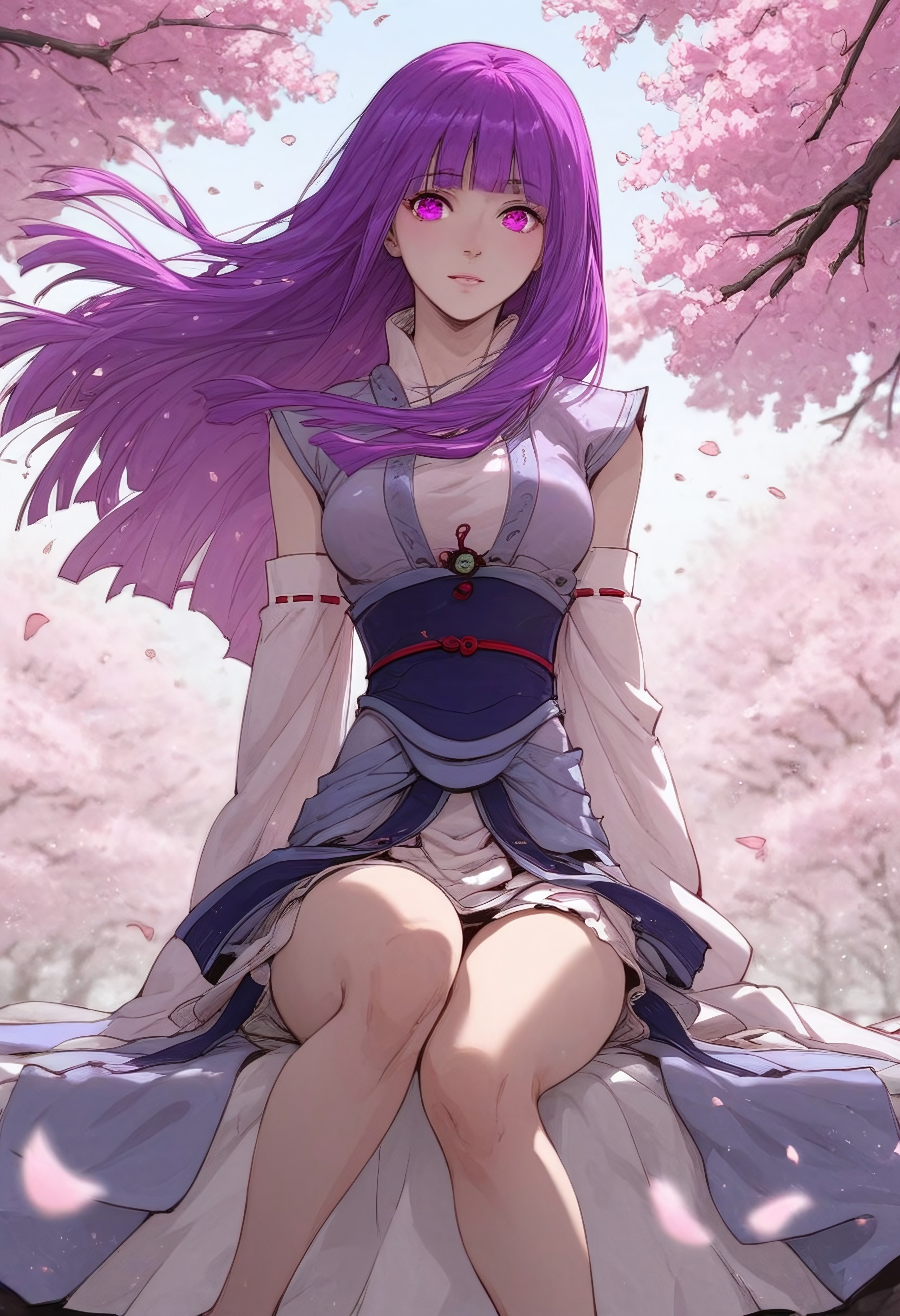 safe_pos, (score_9, score_8_up, score_7_up), 
yeziyun, 1girl, purple eyes, purple hair, long hair, bangs, blunt bangs, breasts, slender, cute, detached sleeves, sash, blurry, 
((intricate background)), contrast, night, sakura petals, wind, cherry blossom, big tree, branches, silhouette, sitting, one extended leg, full body, detailed sky, cinematic lighting, overexposure, fisheye lens, dynamic pose, depth of field, colorful, luminescent particles, vibrant colors, sharp focus