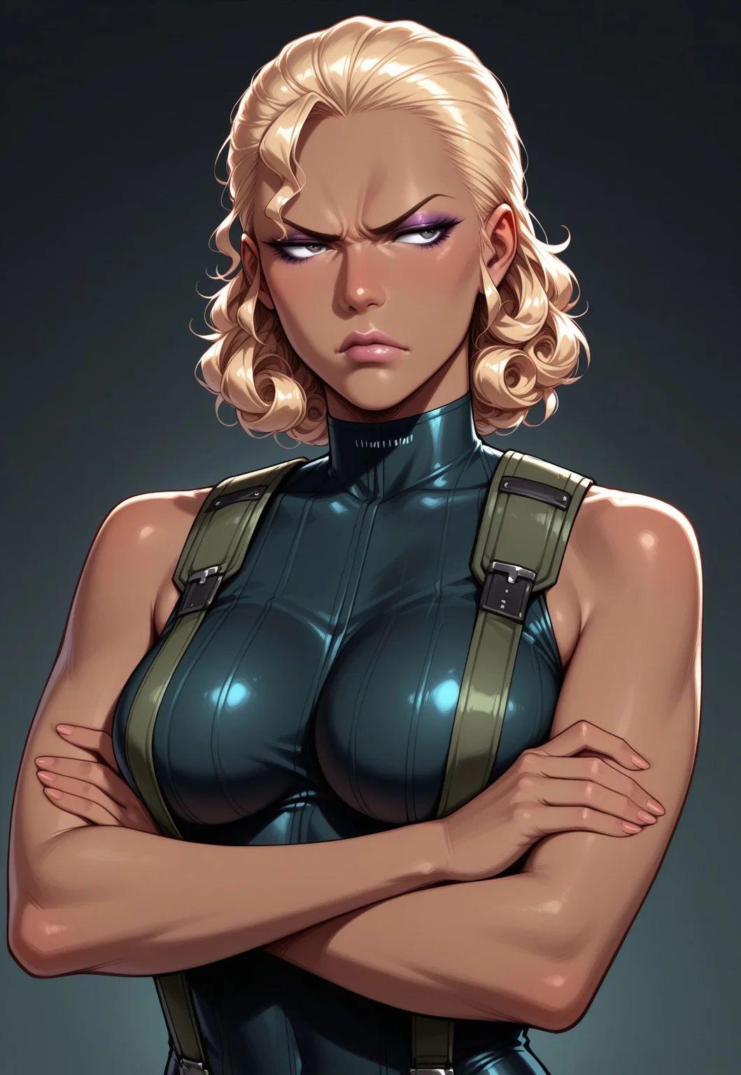 masterpiece, best quality, detailed, realistic, upper body, annoyed, 1girl, solo, Fortunemgs, blonde hair, slicked back hair, curly hair, dark-skinned female, breasts, makeup, lips, leotard, suspenders, crossed arms,