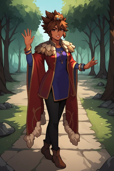 score_9, score_8_up, score_7_up, score_6_up, score_5_up, score_4_up, TaliyahLoLXL, dark skin, freckles, brown eyes, brown hair, short hair, sidelocks, hair between eyes, hair ornament, spiked hair, medium breasts, stone capelet, cape, red jacket, long sleeves, purple dress, bracelet, black pants, brown footwear, solo, full body, standing, waving, seductive smile, looking at viewer, forest, tree <lora:TaliyahLoLXL:0.9>