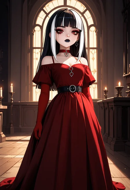 (masterpiece), 8k, best quality, ultra-detailed, (high res), cinematic lighting, beautiful lighting, high quality, studio quality, detailed, insanely detailed, extreme detail, refined detail, perfect detail, max detail, smooth lighting, detailed background, hyper detailed body, beautiful lighting, vibrant lighting, global illumination, absurdres, high-res, dynamic lighting, score_9, score_8_up, score_7_up, score_6_up, score_5_up, score_4_up, ponypositive, 1girl, solo, solo focus, (narrow waist, skinny, small body, slim), looking at viewer, (3/4 view), indoors, (Gothic Castle), bright lighting, daylight, sunshine, cute, kawaii, gleaming eyes, (closed mouth), no expression, legs spread, big eyes, (standing), alone, Expressiveh, (hands by sides), (rating_safe, sfw), cgi, (dark red dress, black dress accents, goth dress), goth, blunt bangs, (dark red elbow gloves), long hair, red eyes, makeup, (black leather boots), black stockings, (dark red choker), lips, total drama, Crimson_(Total_Drama), (pale white skin), black lips, lipstick, (black hair, white highlights, white streaks), (long dress), (goth makeup), black belt, (goth jewelry)