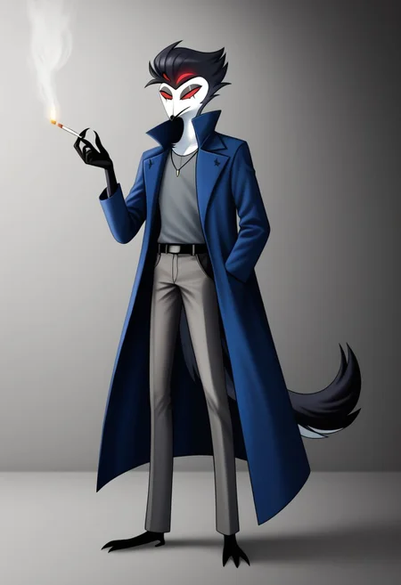 stlsgtia_dskfll, black hair, shirt, pants, candle, cigarette, claws, coat, colored skin, earrings, fire, grey shirt, grey pants, blue robe, full body, grey background, grey skin, jewelry, long sleeves, stolas \(helluva boss\), grey fur, short hair, black hair, white face, black legs, black hands, tail, red eyes, four eyes, extra eyes, red eyes, red hair, short hair, signature, simple background, smoke, smoking, solo, streaked hair, tail, 1boy, thin, skinny body, skinny, thin body, twink, twink body, skinny body, skinny, (muscle:1.47), (twink body:1.7), grey fur, looking at viewer, no humans, stolas \(helluva boss\), (male anthro bird:1.3), Furry, Animalistic features, Anthro, Detailed, Shaded, HD, digital painting, digital art, masterpiece ((fullbody portrait)), digital drawing (artwork), digital media (artwork), hi res, (furry art, uploaded on e621:1.1), best quality, highly detailed, intricate details, extremely detailed, perfect hands, Realistic, Anthro, Detailed, Shaded, indoors, BREAK PonyXLV6_Scores