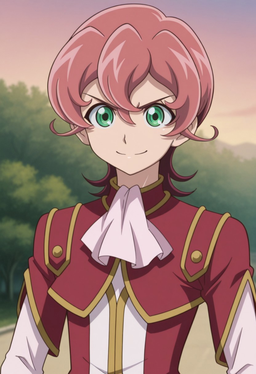 masterpiece,best quality,amazing quality, source_anime, 
MichArclight, 1boy, male focus, solo, green eyes, pink hair, ascot, pink ascot, shirt, pink shirt, jacket, red jacket, short over long sleeves,  outdoor, smile, determined,