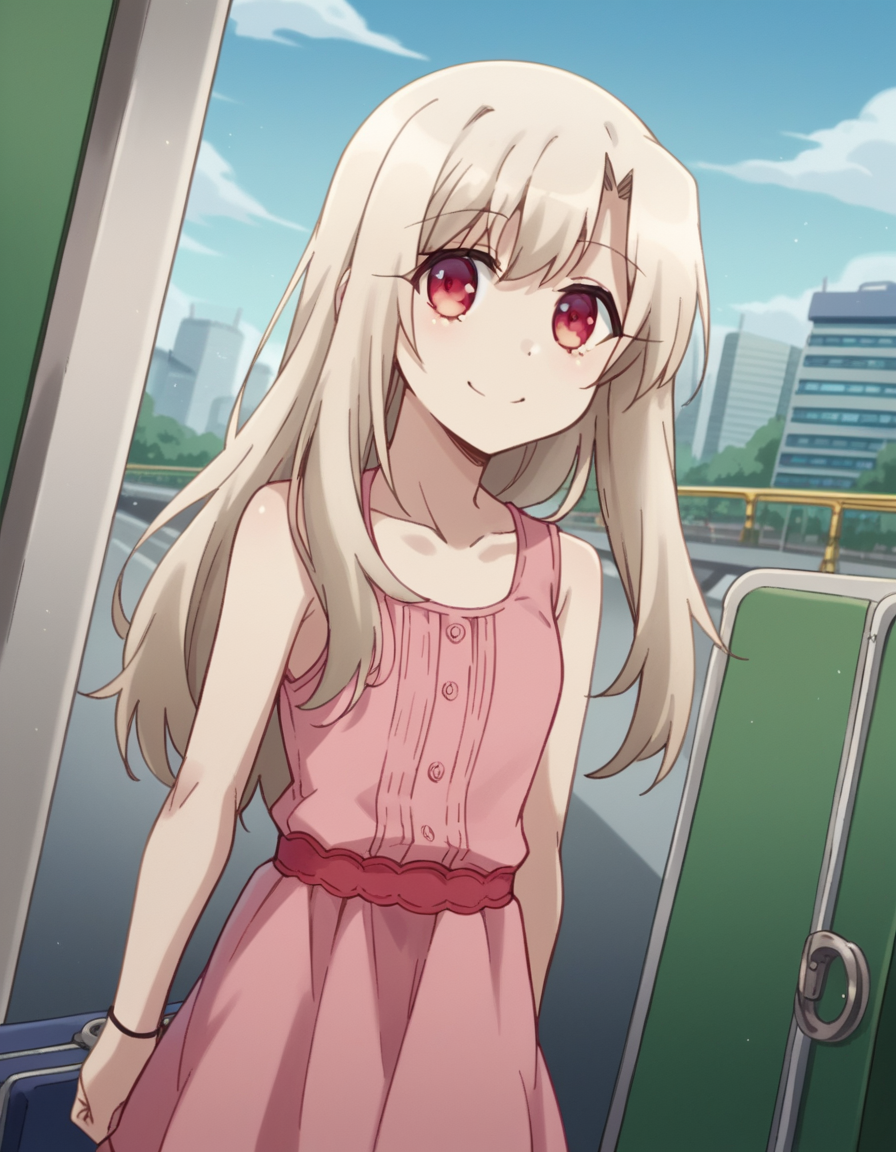 score_9, score_8_up, score_7_up, source_anime, <lora:illyasviel-von-einzbern-prisma-s2s3-ponyxl-lora-nochekaiser:1>,, illyasviel von einzbern, long hair, blonde hair, red eyes, parted bangs,, dress, collarbone, sleeveless, sleeveless dress, pink dress,, train station, waiting for train, suitcase, traveling, commute, city skyline, hands behind back,, smile, , arm holding a phone, solo,, cowboy shot, dutch angle