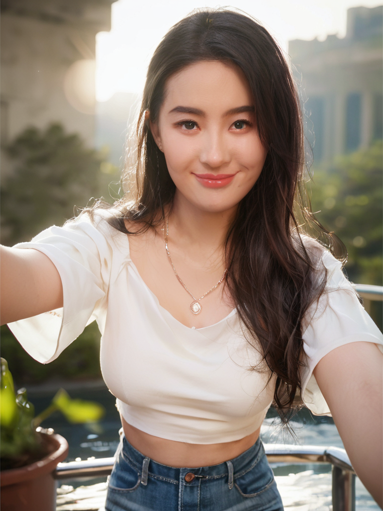 score_9,score_8_up,score_7_up,score_6_up,rating_explicit,8k,ultra detailed,Inside the old factory,perfect anatomy,beautiful lighting,uncensored,pretty,beautiful,photorealistic,realistic eyes,realistic skin,
1girl,solo,looking at viewer,necklace,selfie,outdoors,black hair,long hair,shorts,shirt,denim,white shirt,water,standing,lips,bangs,foreshortening,crop top,brown hair,smile,medium breasts,small elegant necklace,outdoors,smile,
<lora:sinfully_stylish_SDKL:0.8>,<lora:LYF_Pony_v1:1>,