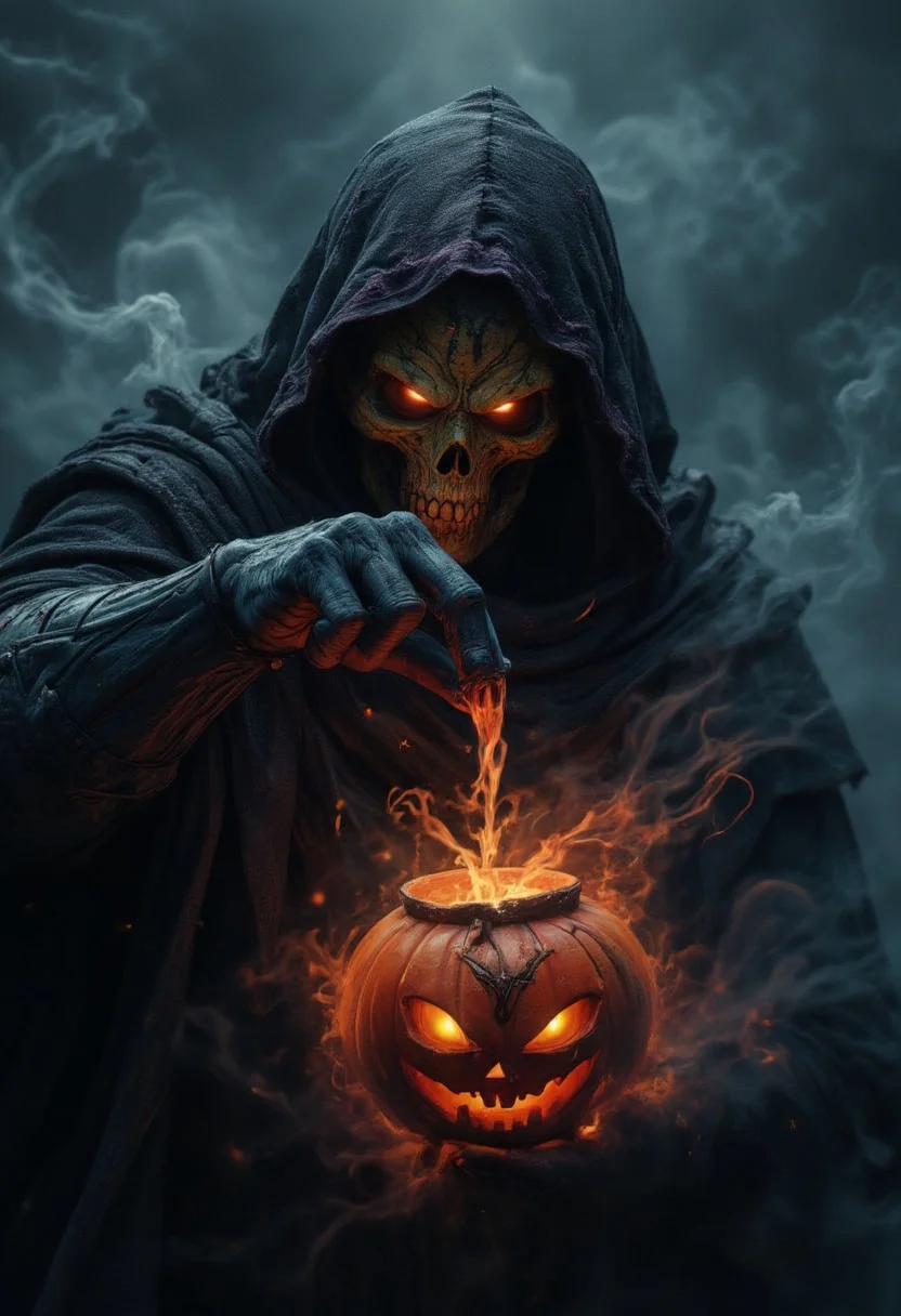 horror show, monster, nightmare, fear, Cinematic style
"A dark, hooded figure stands in the midst of thick fog. Eyes glowing with shellfire, looking at the viewer. His face is covered in shadow, but from beneath the dark purple hood, a vicious yellow skull can be seen, twisted with malice. A blue-skinned hand reaches black clawed fingers forward holding a scary Halloween pumpkin, light from the pumpkin illuminates Skeletor's face from below. Magical energy swirls around him, like smoke, poisoning the air with an ominous aura. This creature is the embodiment of evil, he is a creature of deep nightmares, guarding the secrets of an ancient curse."
