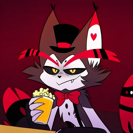 eating popcorn, cat, yellow eyes, yellow eye, white paws, male, bowtie, cute, 2d, gray fur, husk, red tail, eating, black suspenders, top hat, smirk, holding beer, red eyebrows, bow tie, annoyed, black heart nose
