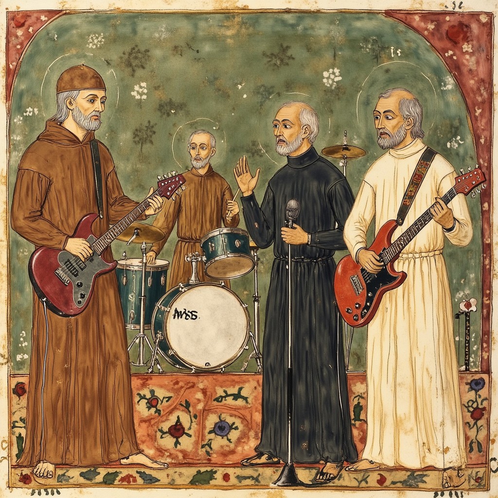 Illuminated manuscript illustration of 4 men wearing monk's robes, on stage as a heavy metal band, the man on the far left has an electric base guitar and brown robes, the second man is behind the others playing the drums while wearing brown robes, The third man is singing into a microphone and wearing black robes, the man on the far right is playing electric guitar and wearing white robes